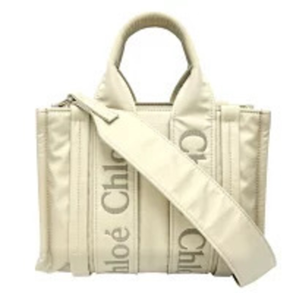 Chloe Woody 2Way Shoulder Tote Bag 2Way Crossbody Bag Leather Ivory White Beige